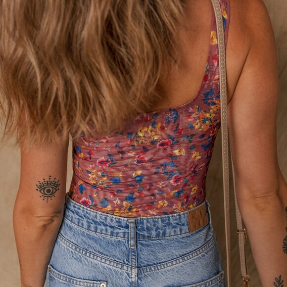 B250 Purple Floral Printed Mesh U Neck Sleeveless Bodysuit - Picture 2 of 8